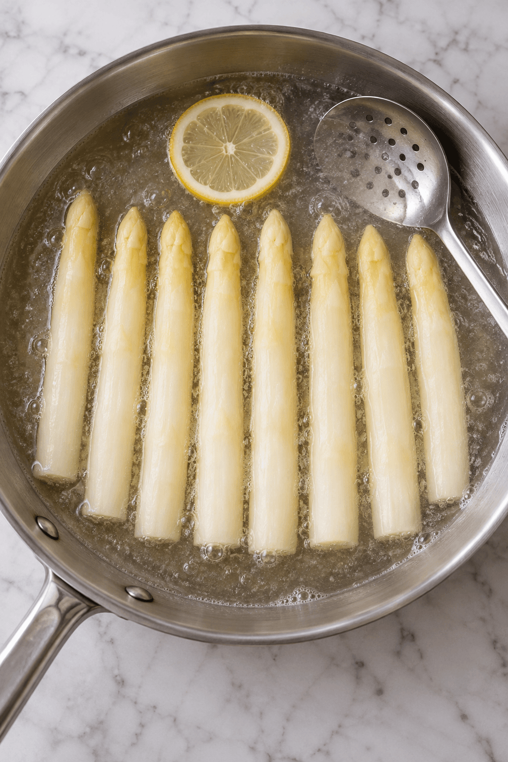 Otte hvide asparges simrer med én citronskive i én bred pande