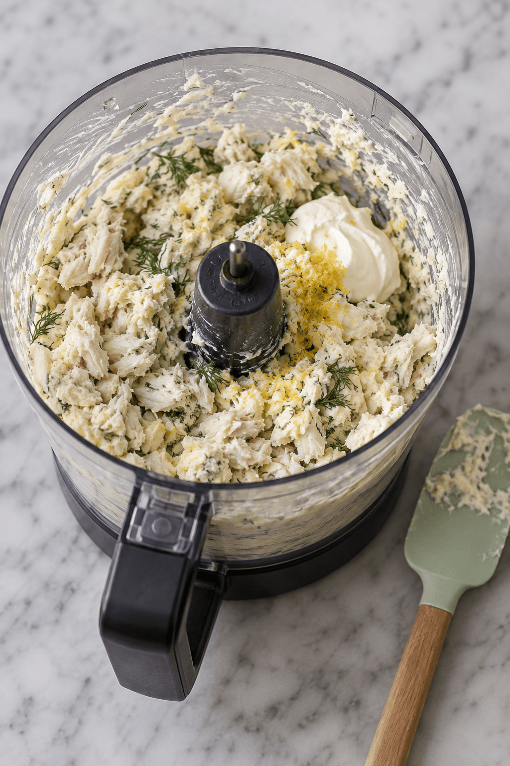 Krabbekød, friskost, creme fraiche, citron og dild i én foodprocessor