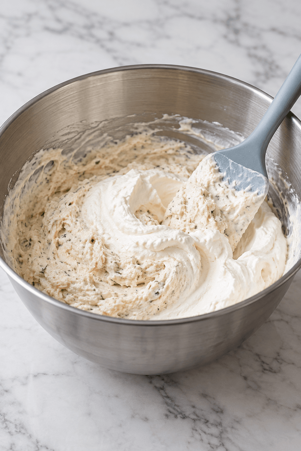 Krabbemousse foldes med blødt flødeskum og opløst husblas i én skål