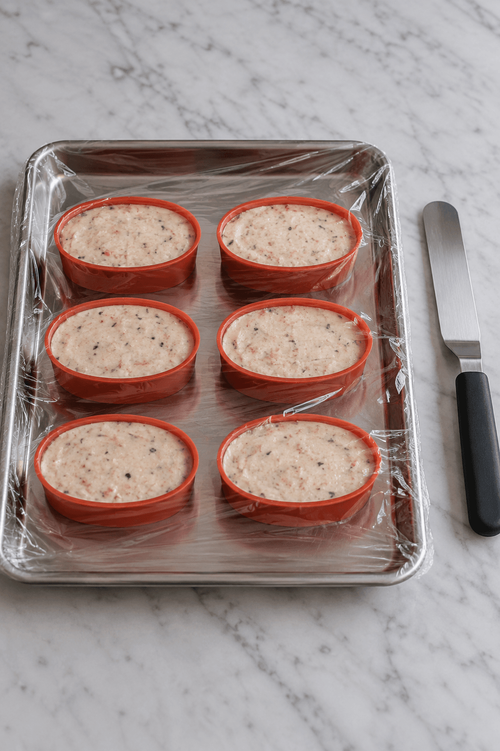 Seks forme krabbemousse dækket på én stålbakke før køling