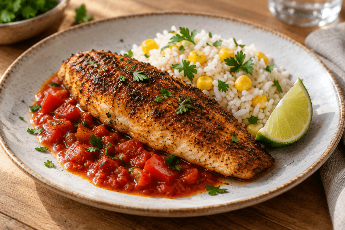 Kreolsk havkat med cajunkrydderi, tomat-peber-sauce, majsris og lime