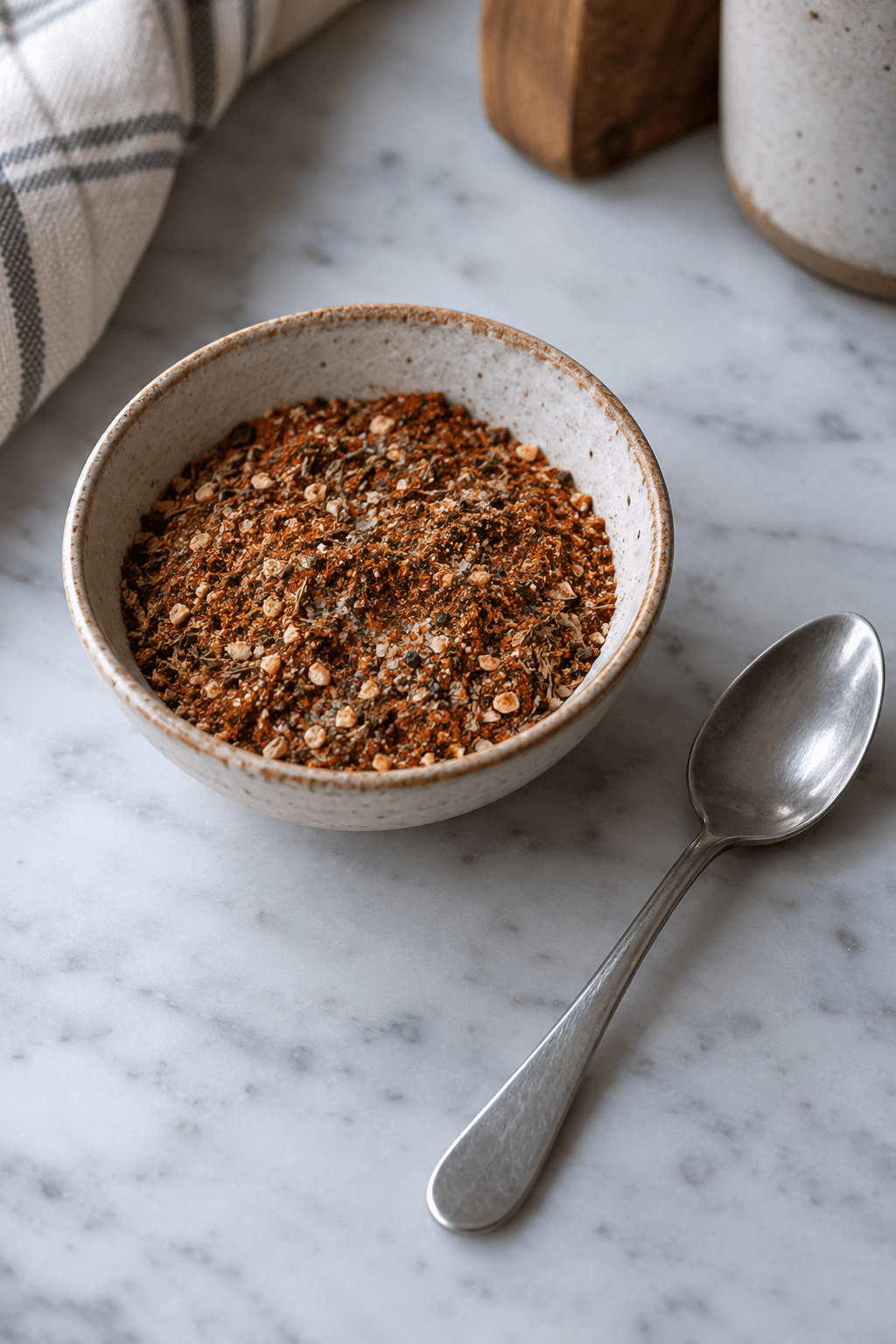 Rustrødt cajunkrydderi med paprika, urter og peber blandet i én lille skål