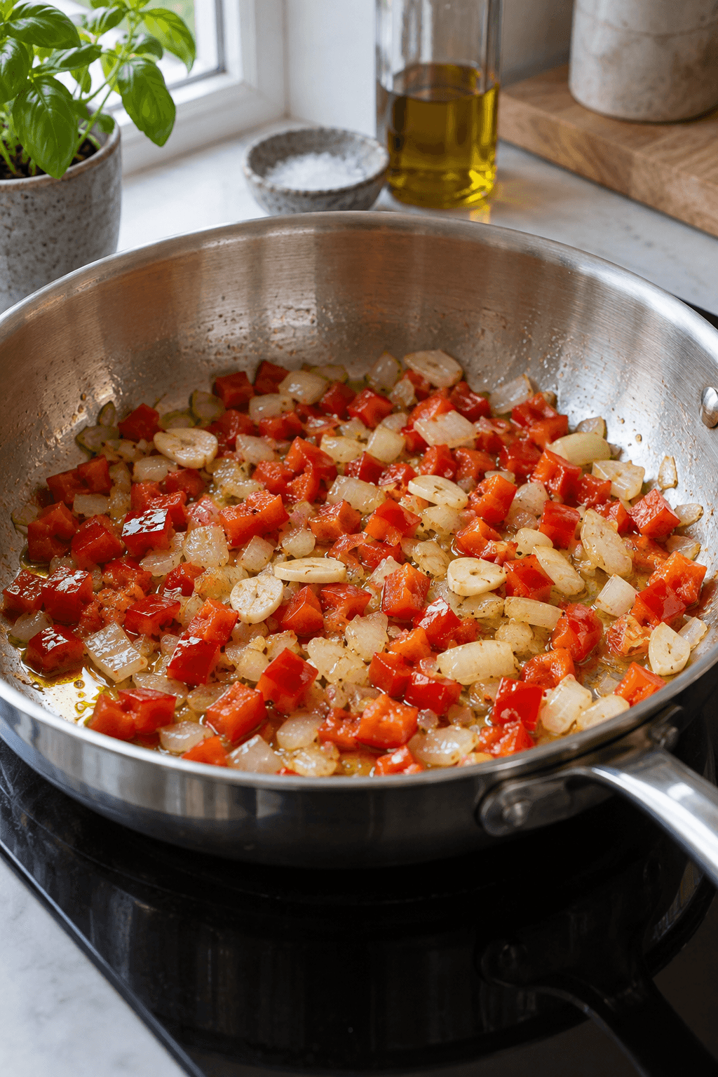 Rød peberfrugt, løg og hvidløg blødgøres i én bred pande til tomatsaucen