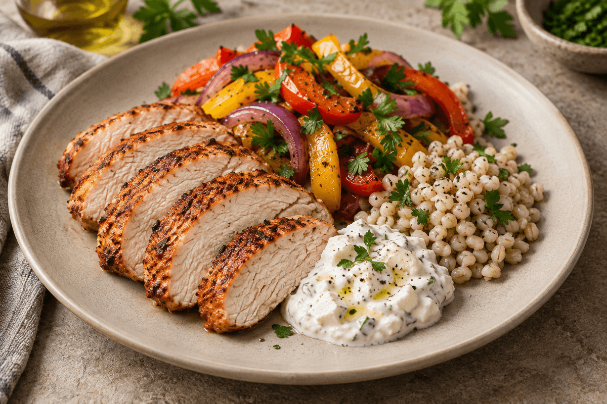 Krydret kalkun med lun peberfrugtsalat, perlebyg og fetacreme