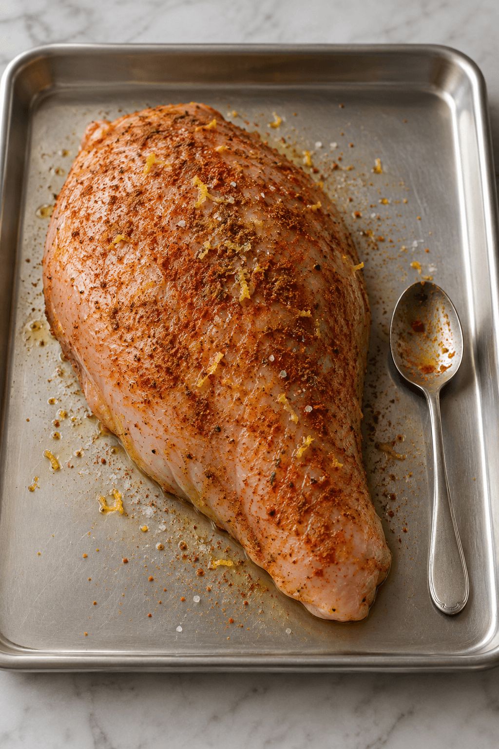 Ét råt kalkunbryst krydret med paprika, spidskommen og citron på stålbakke