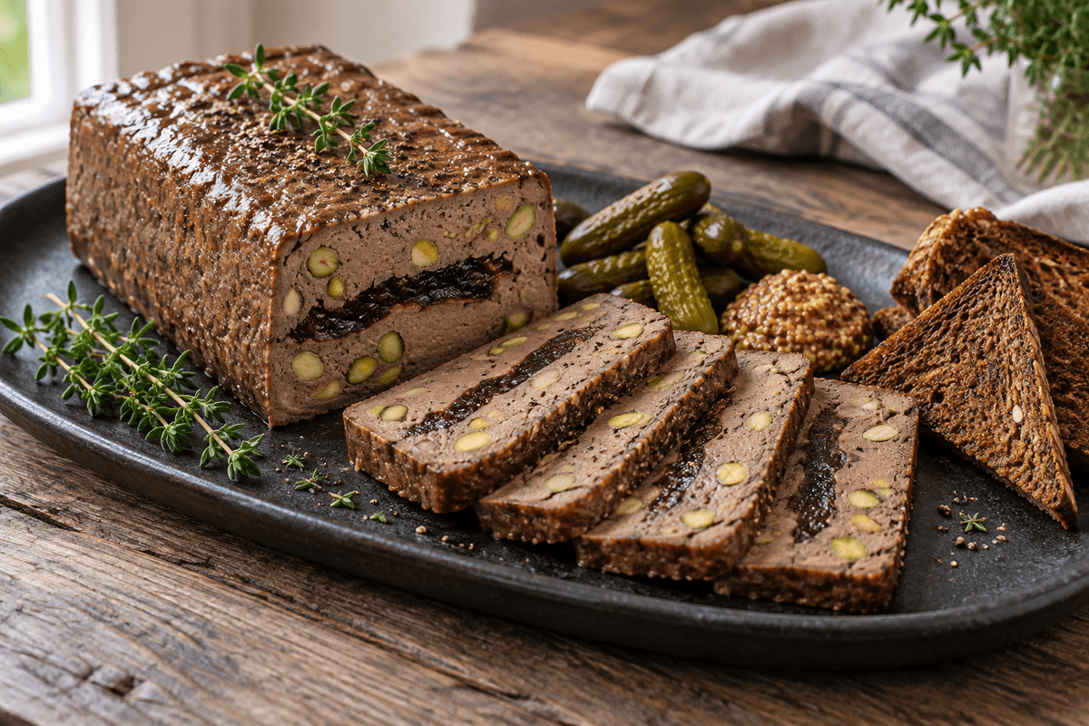 Kyllingeleverterrine med portvinssvesker, pistacie, cornichoner, sennep og rugbrød