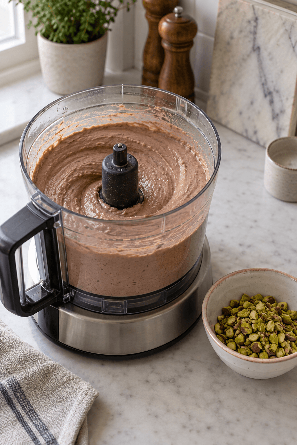 Glat kyllingelevermasse står i én foodprocessor med pistacier klar i en lille skål