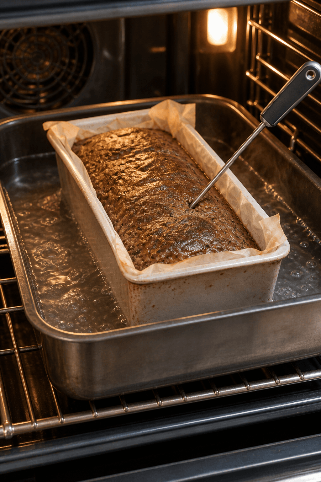 Kyllingeleverterrine bages i én form i vandbad og måles med termometer i midten