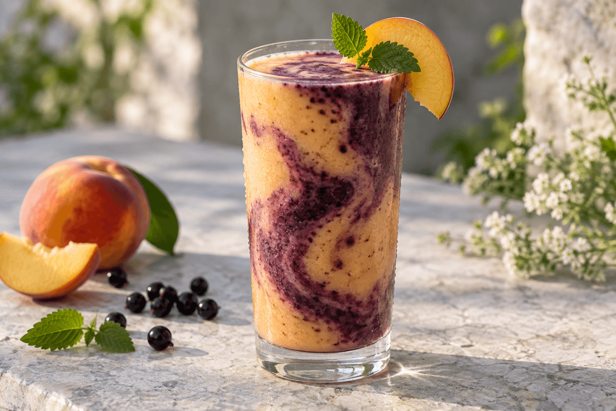 Læskende fersken-solbærsmoothie med kærnemælk og citronmelisse i ét højt glas