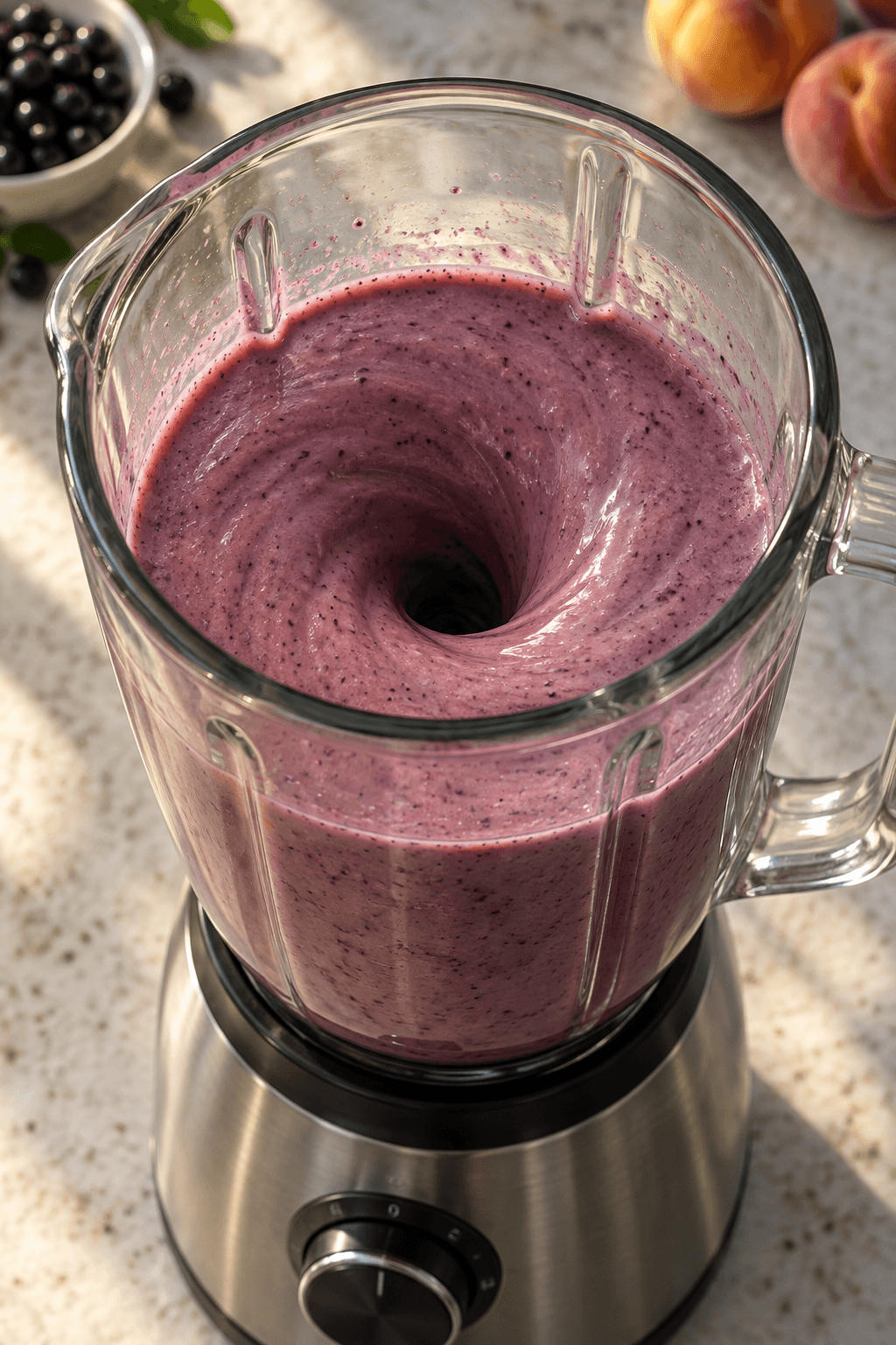Fersken-solbærsmoothie blendes til en glat hvirvel i én blender