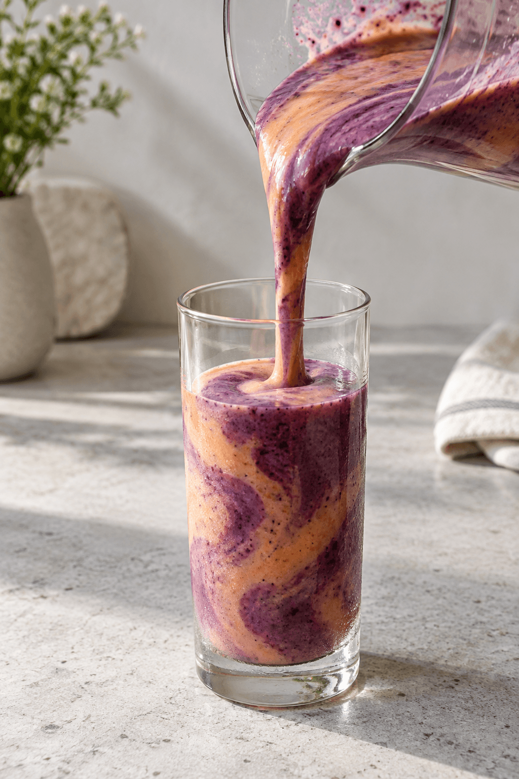 Tyk fersken-solbærsmoothie hældes fra én blenderkande i ét højt glas