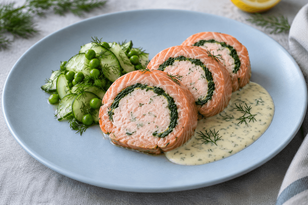 Lakseballotine med rejemousse, spinat, citron-dildsauce og agurke-ærtesalat