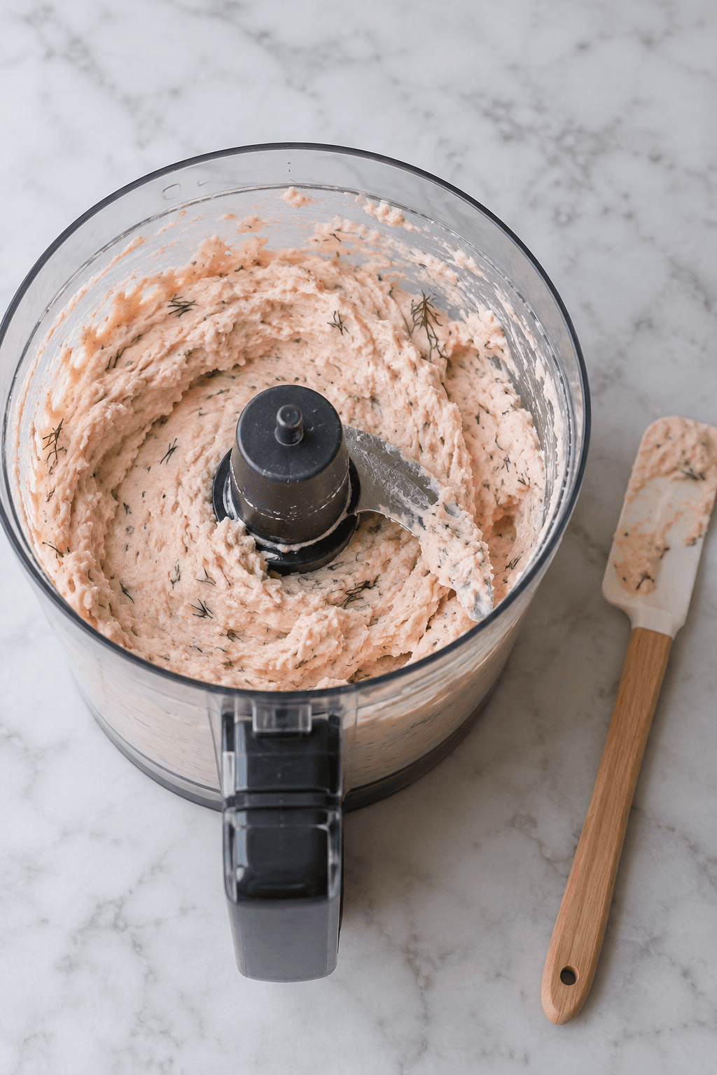 Kold lyserød rejemousse med dild i én foodprocessor og én dejskraber
