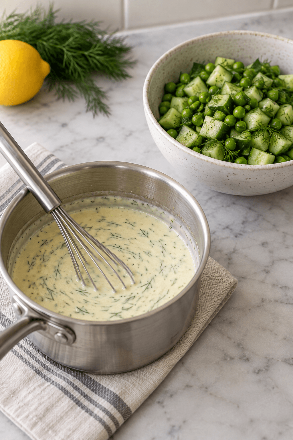 Citron-dildsauce i én gryde ved siden af én skål agurke-ærtesalat