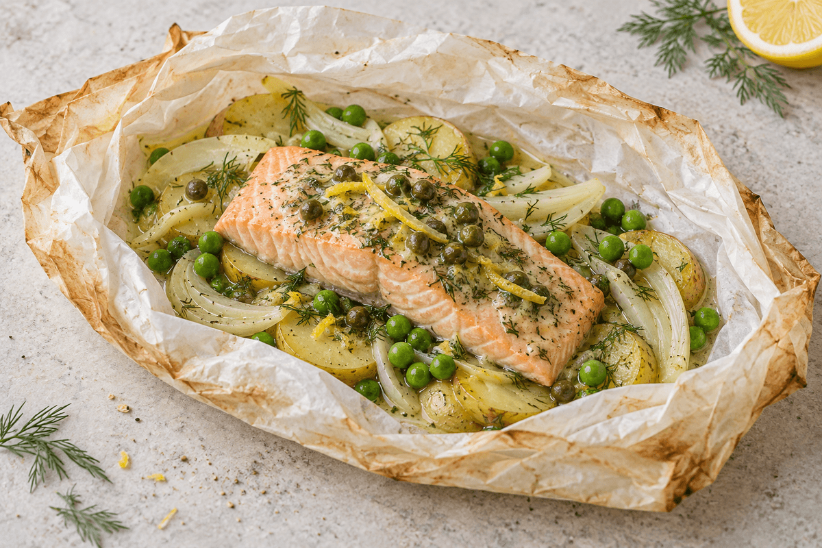 Laksepakke med nye kartofler, fennikel, ærter og dild-kaperssmør
