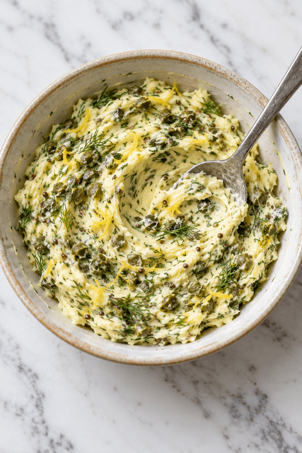 Blødt smør røres med dild, kapers, sennep og citronskal