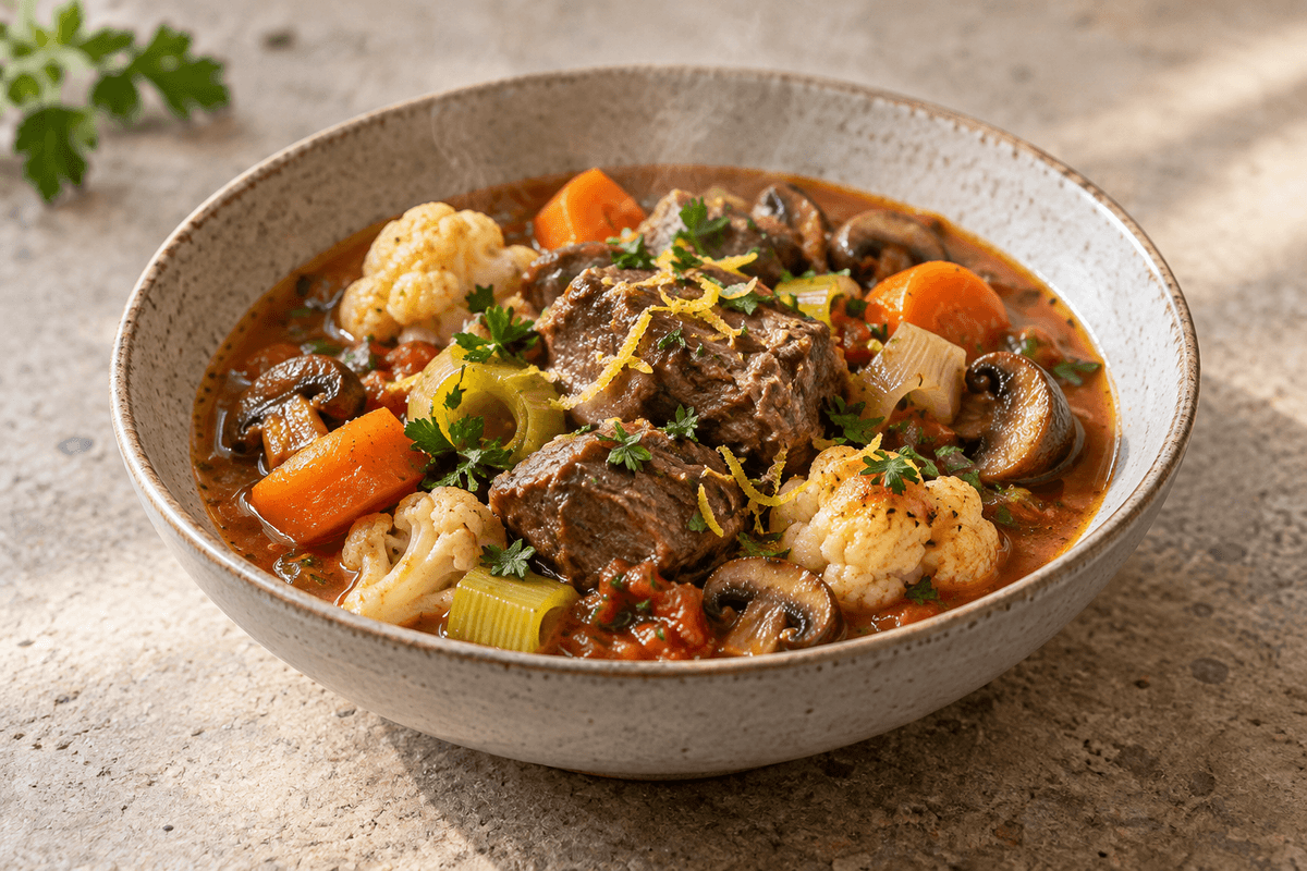 Lamme-hotpot med blomkål, gulerod, porre og champignon i tomatbouillon