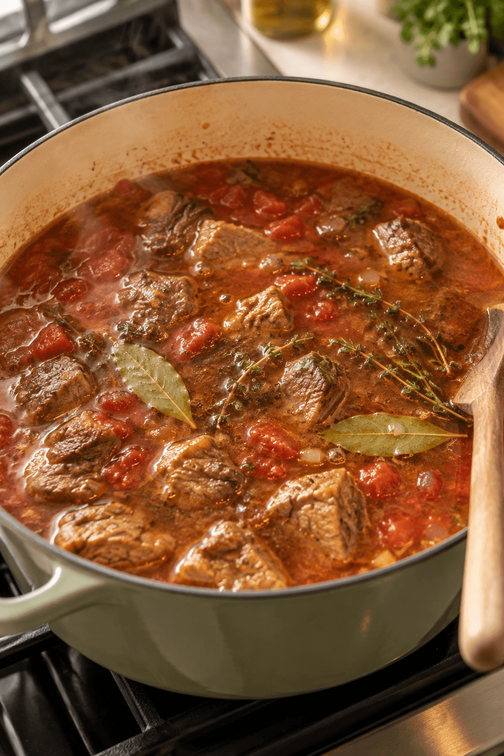 Brunet lam simrer med tomatbouillon, laurbær og timian