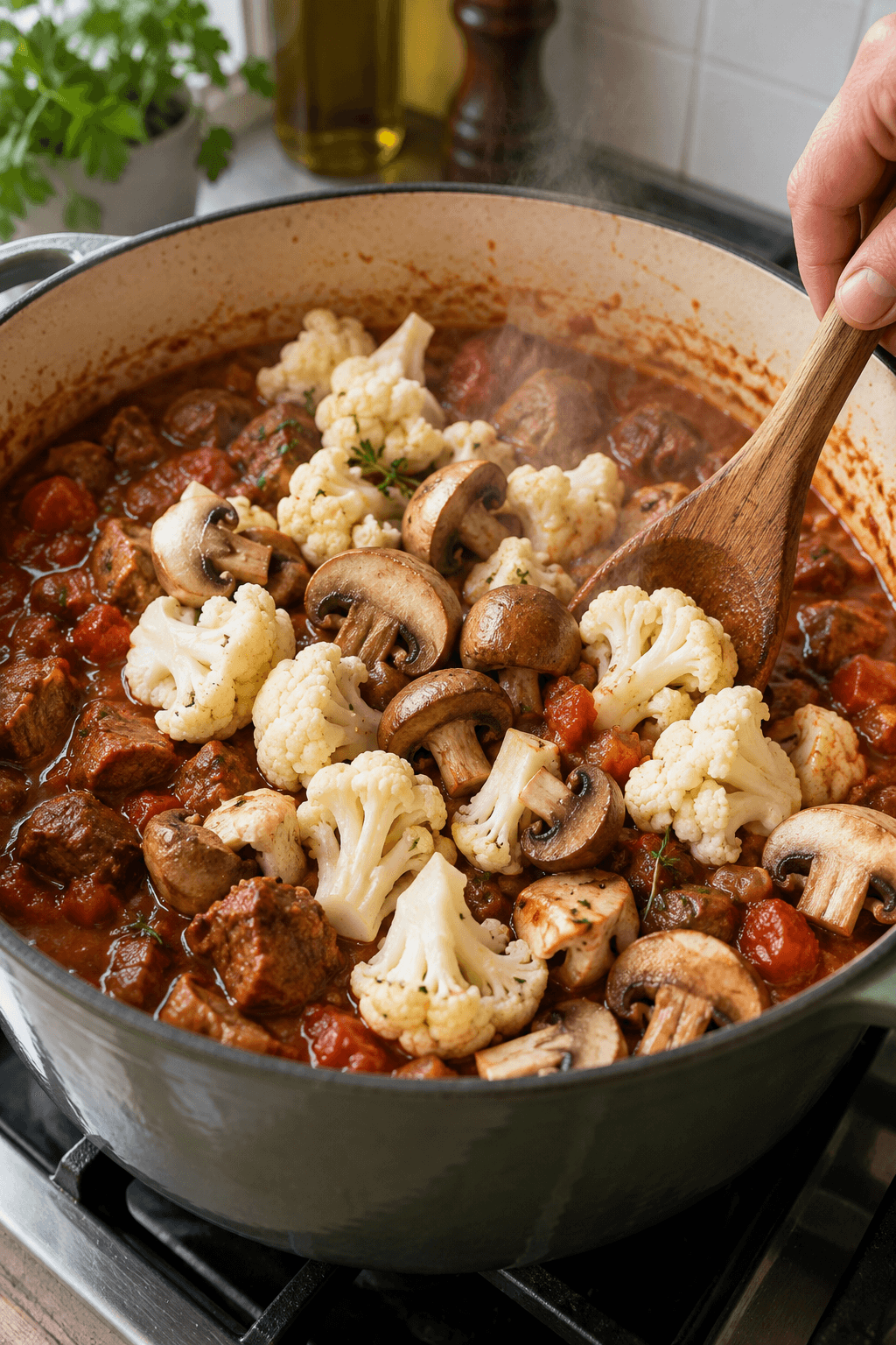 Blomkålsbuketter og champignon vendes i den simrende lamme-hotpot