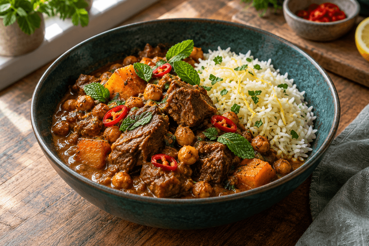 Lammekarry med tamarind, kokos, græskar, kikærter og citronris