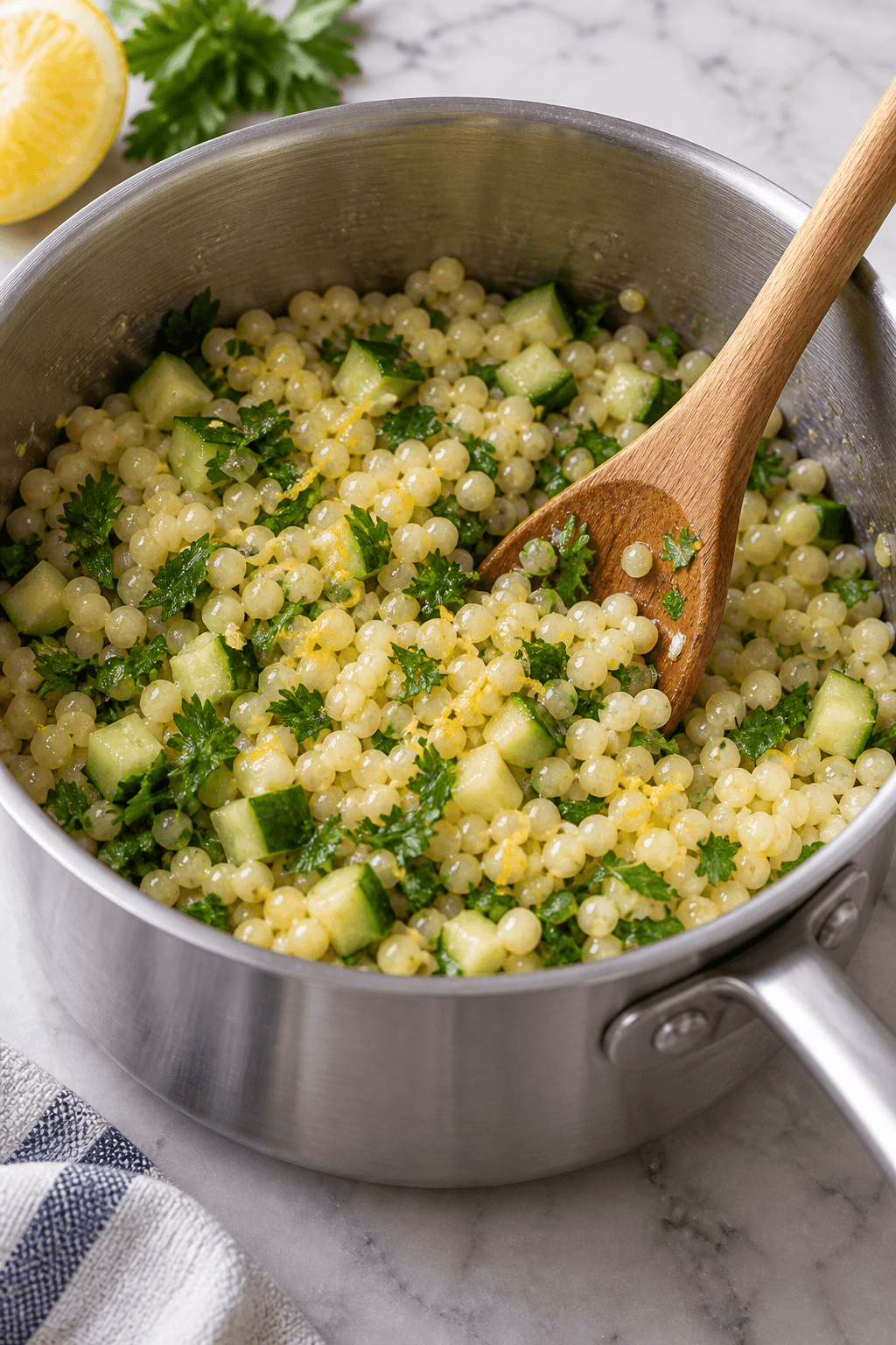 Perlecouscous med agurk, persille og citronskal i én gryde