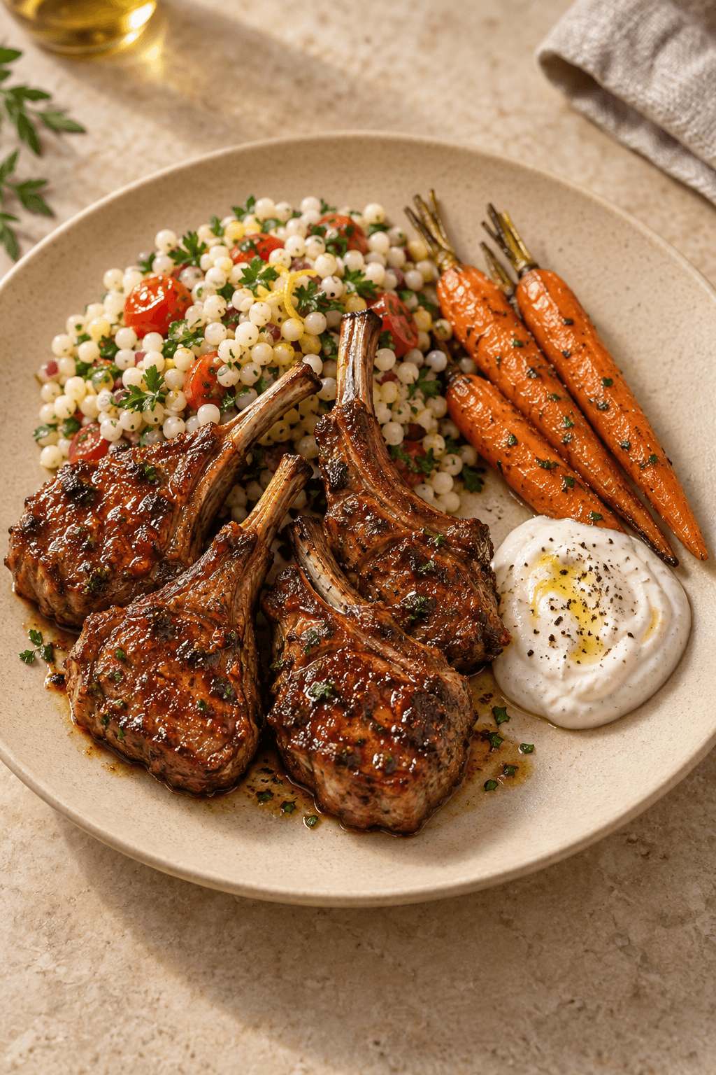 Fire harissaglacerede lammekoteletter med couscous, tre gulerødder og tahinyoghurt på én tallerken