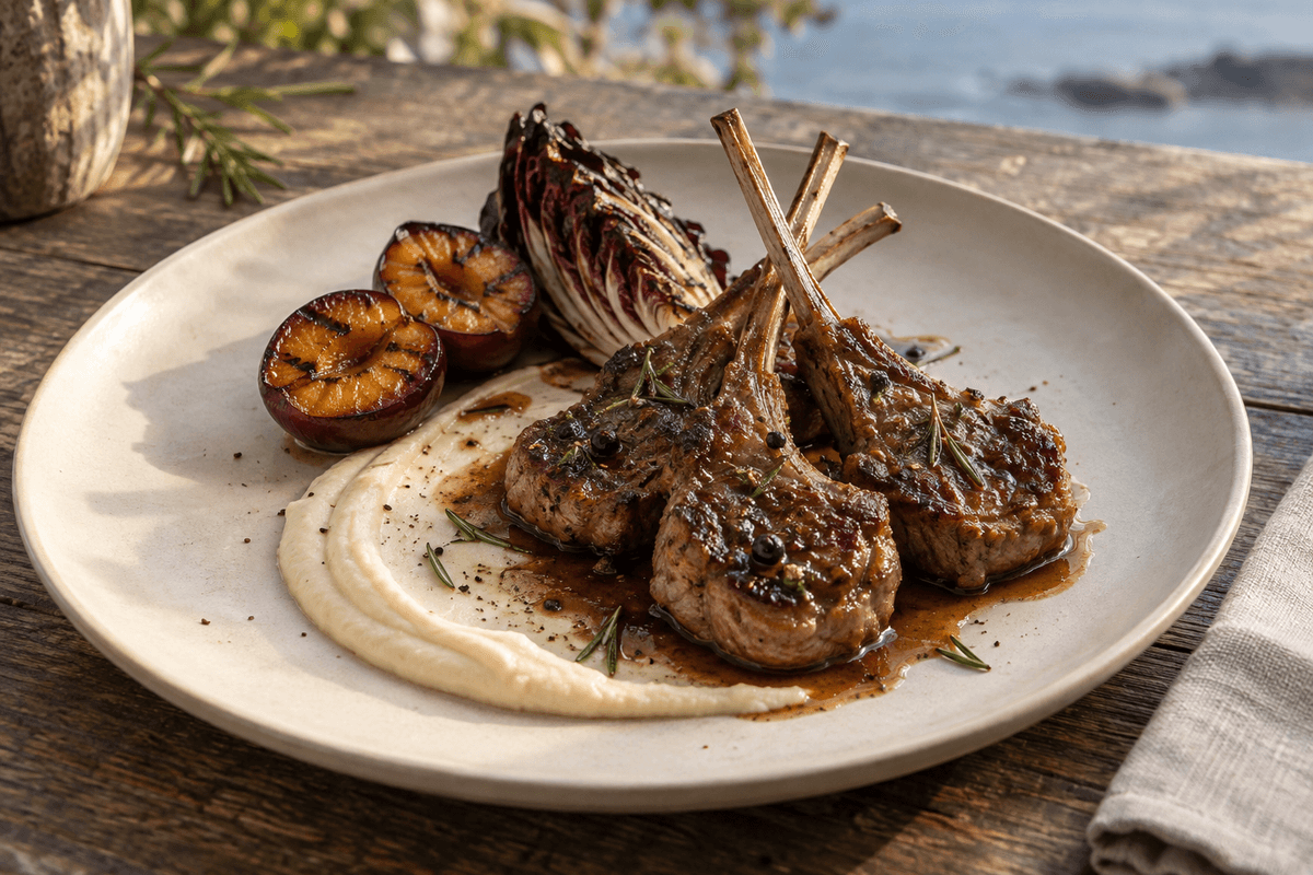 Lammekoteletter med rosmarin-enebærglace, hvid bønnepuré, grillede blommer og radicchio
