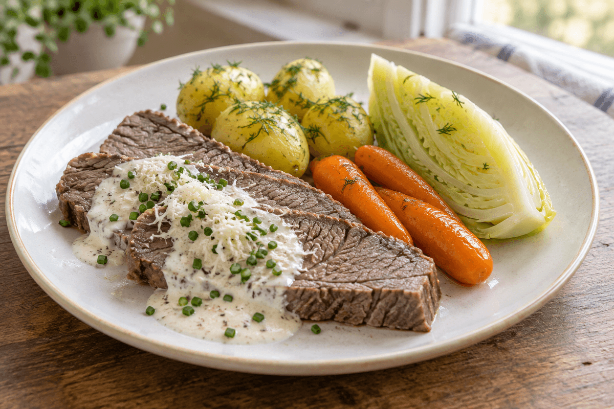 Oksebryst med peberrodsflødesauce, dildkartofler, gulerødder og spidskål