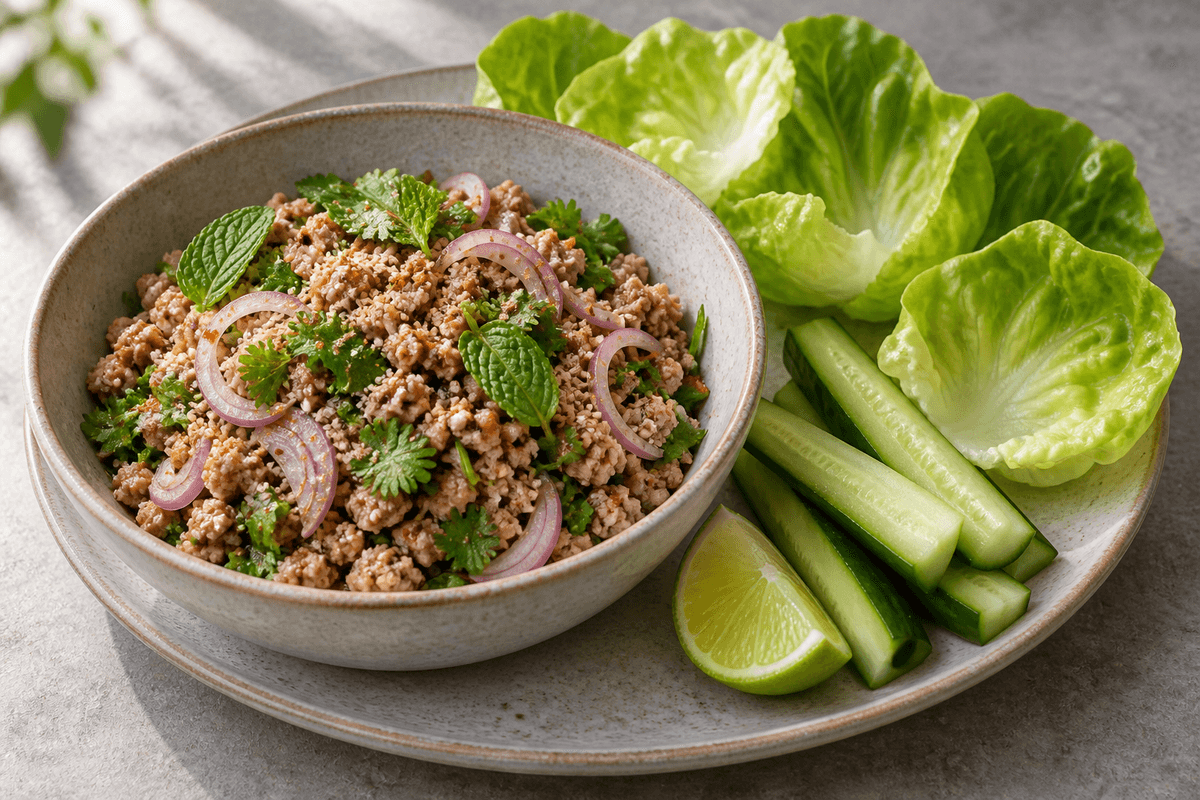 Larb Moo med hakket svinekød, skalotteløg, mynte, koriander, chili og ristet rispulver