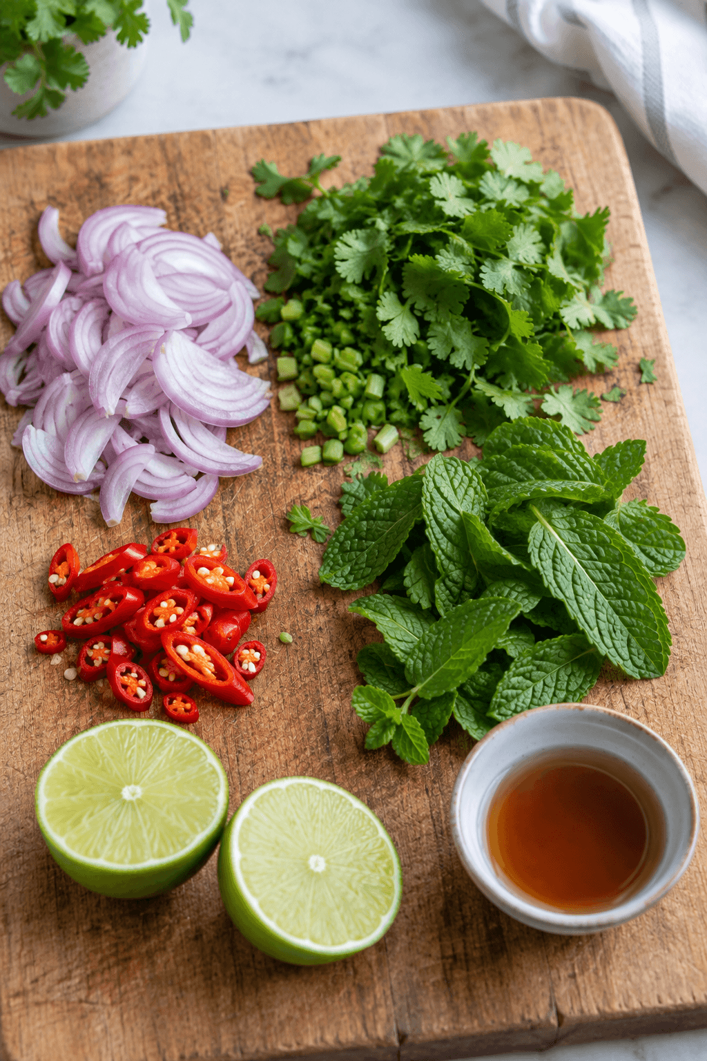 Skalotteløg, koriander, mynte, chili, lime og fiskesauce klargøres separat