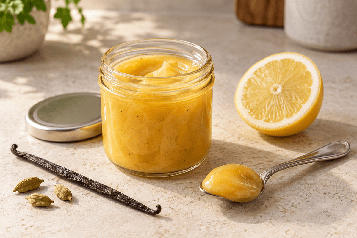 Lemon curd med vanilje, brunet smør og kardemomme