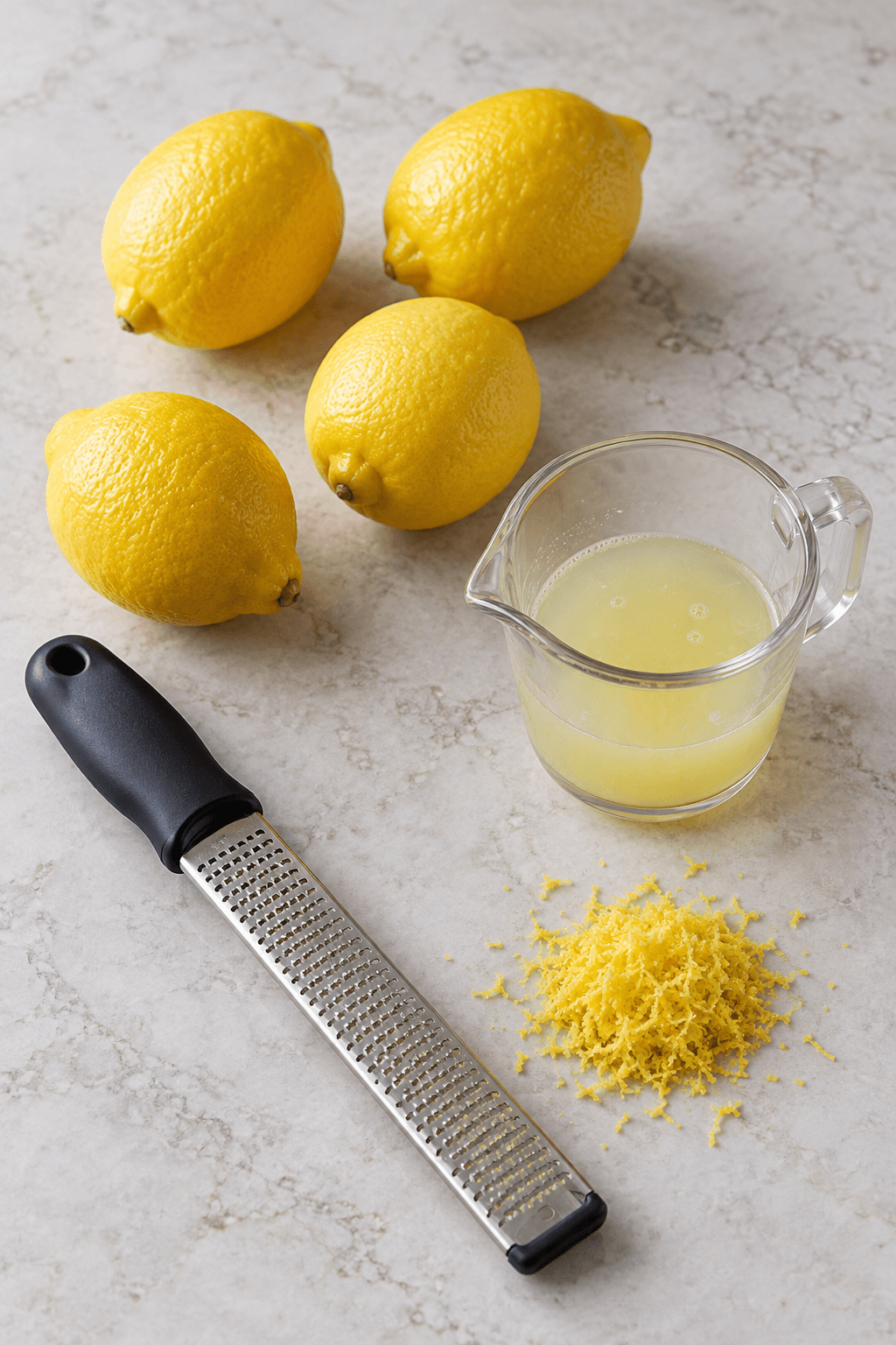 Fire citroner, rivejern, citronsaft og fintrevet citronskal klargøres