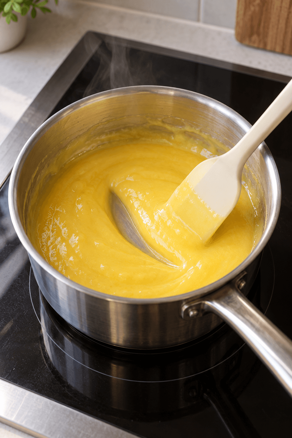Gul lemon curd tykner i én gryde og holder et spor efter dejskraberen