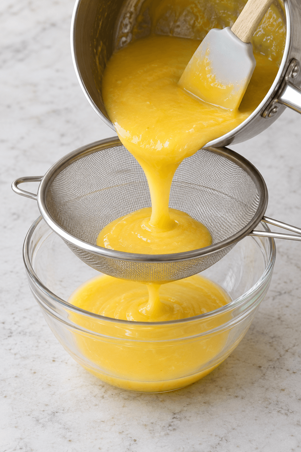 Varm lemon curd hældes gennem én fin sigte i én ren glasskål