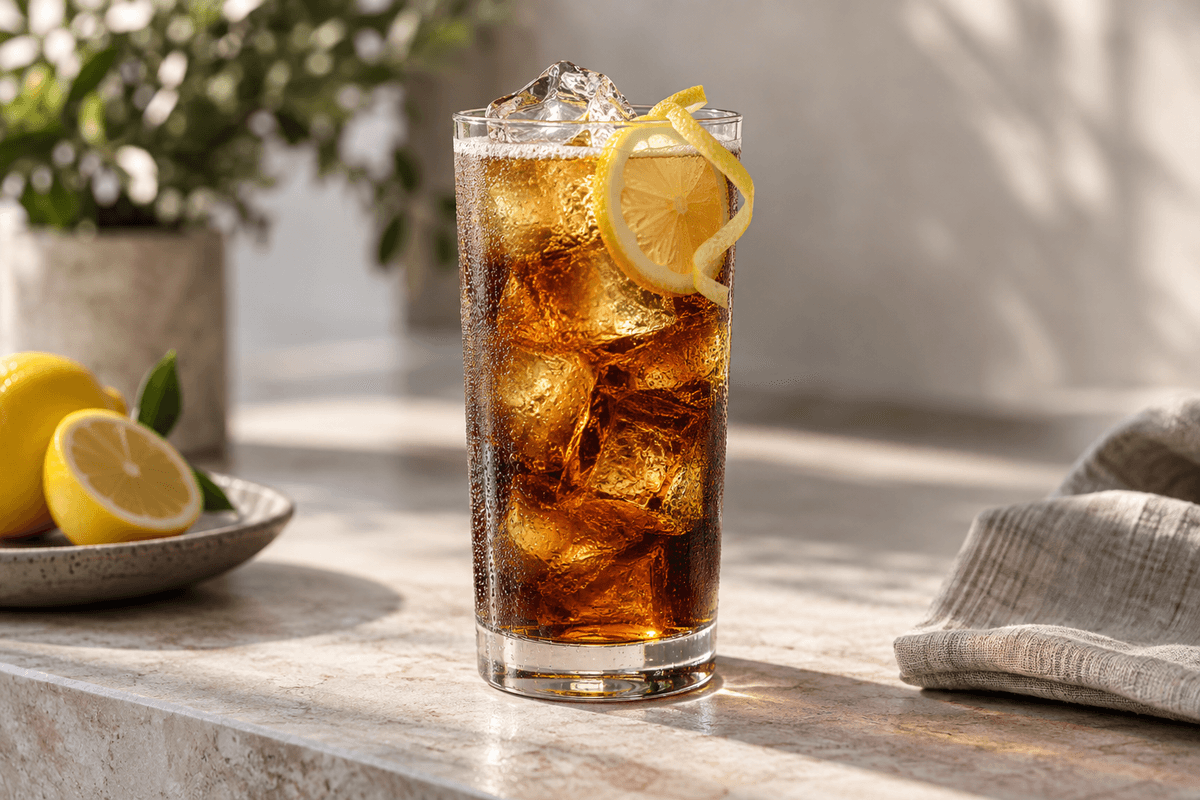 Long Island Iced Tea med klar is, cola-brus og citron