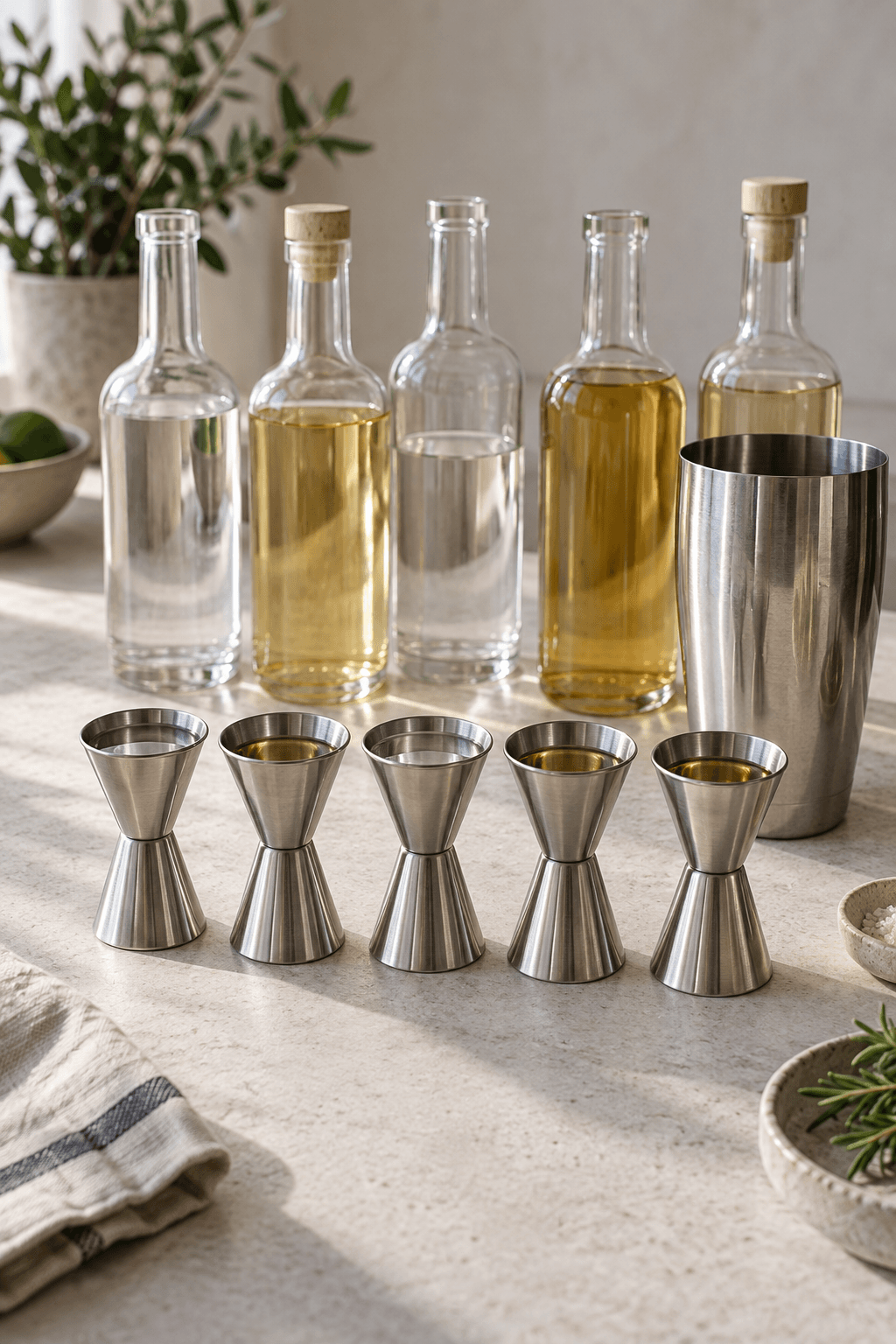 Fem små mål spiritus står klar ved en tom cocktailshaker