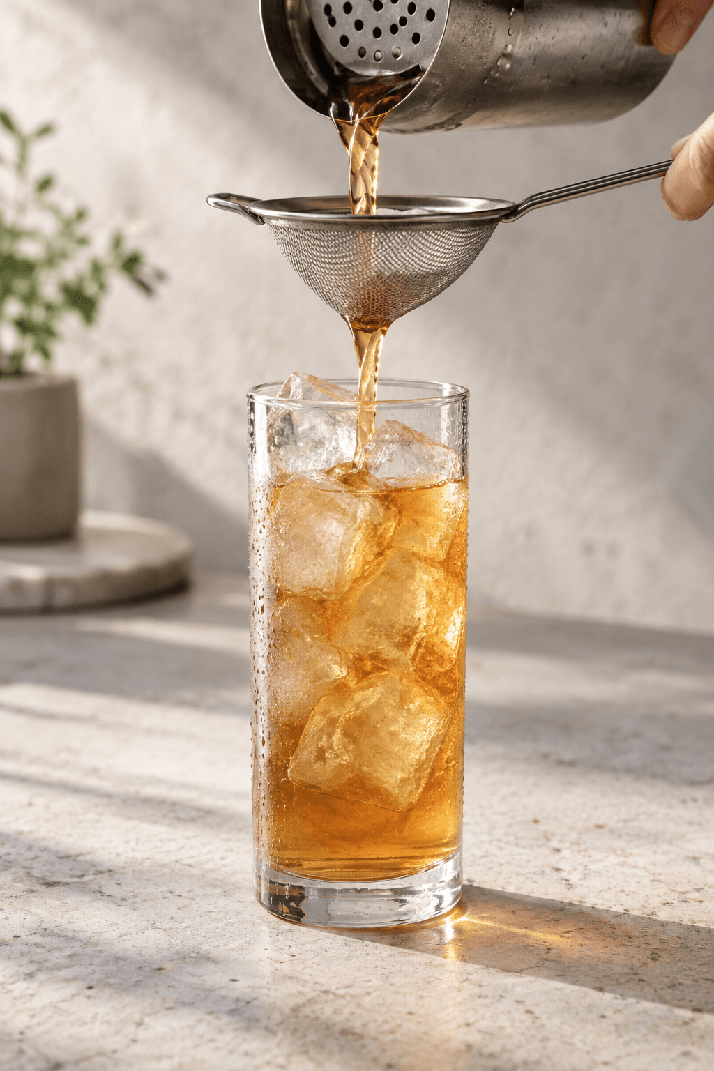 Den ravfarvede cocktailbase dobbelt-sies over frisk is i ét highballglas