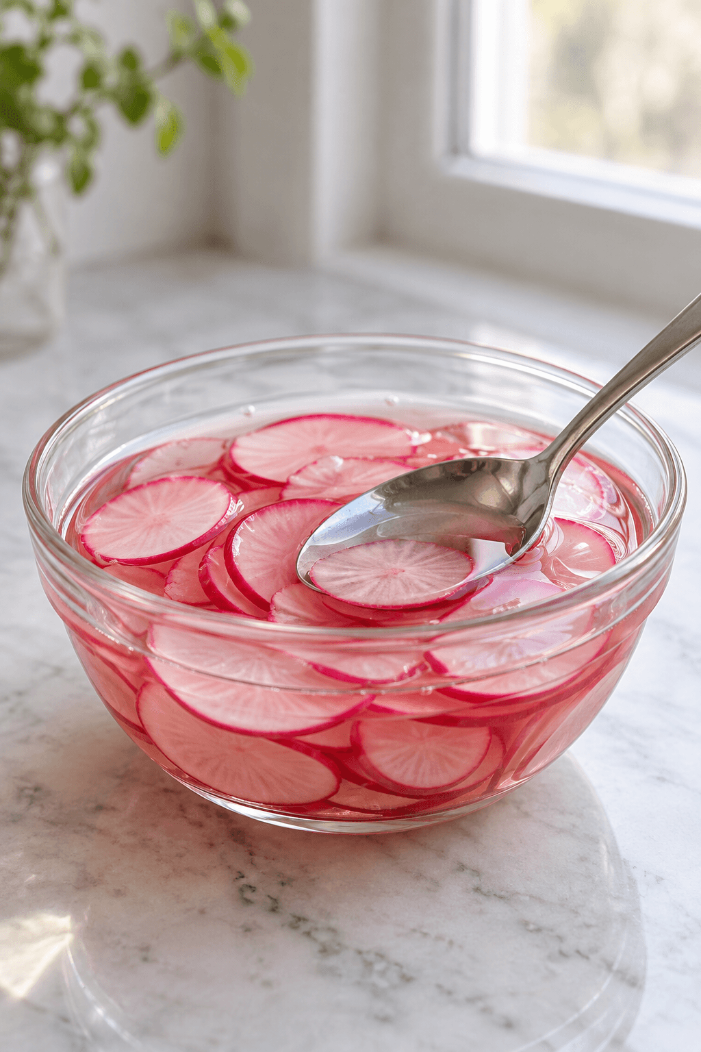Tynde radiseskiver lynsyltes under en klar citron-eddikelage i glasskål