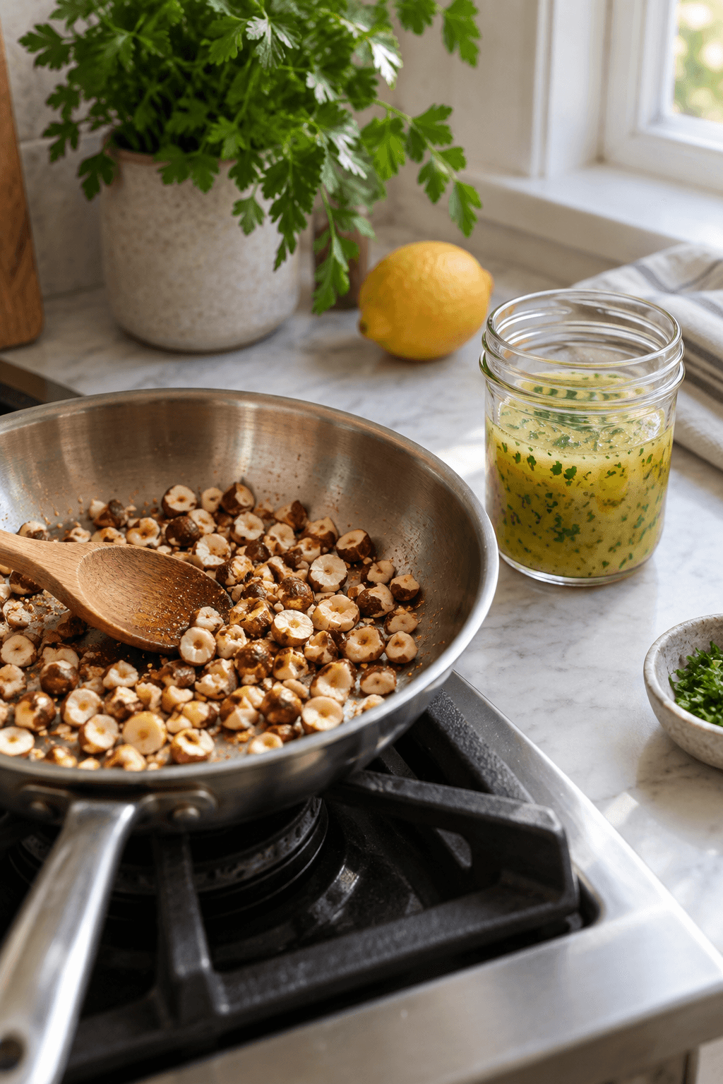 Hakkede hasselnødder ristes ved siden af citron-sennepsvinaigrette med persille