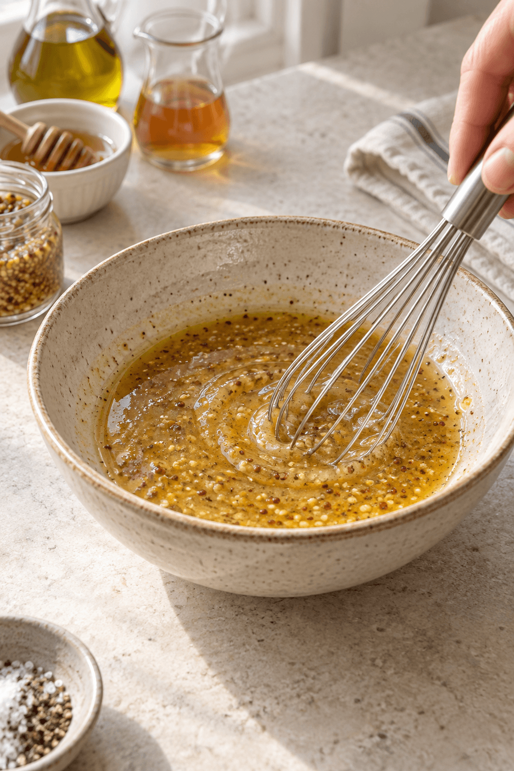 Blank honning-sennepsvinaigrette piskes med synlige sennepskorn
