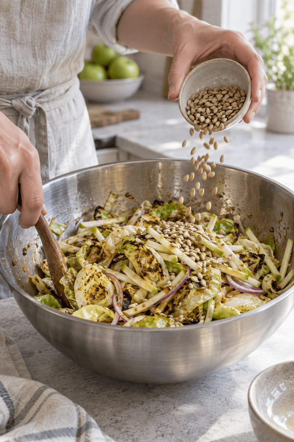 Lun spidskål, æble og rødløg vendes med dressing og solsikkekerner