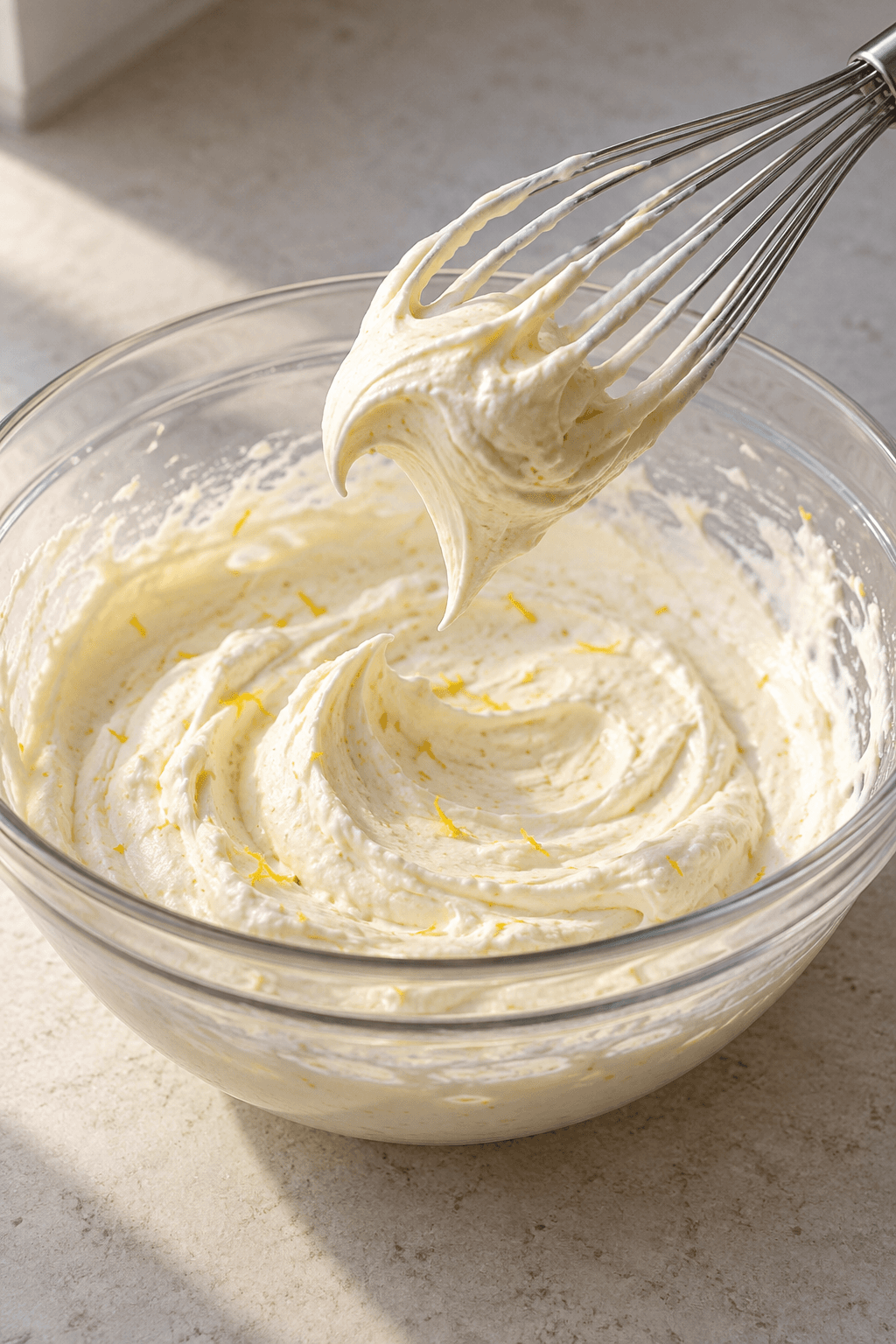 Skyr-mascarponecreme med citron piskes til en blød top i én glasskål