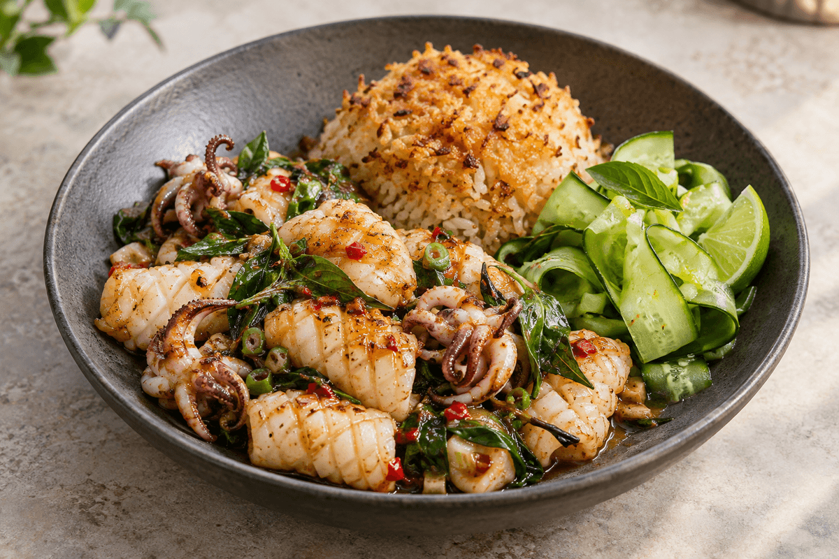 Lynstegt blæksprutte med thaibasilikum, sprød kokosris, lime-agurkesalat og rød chili