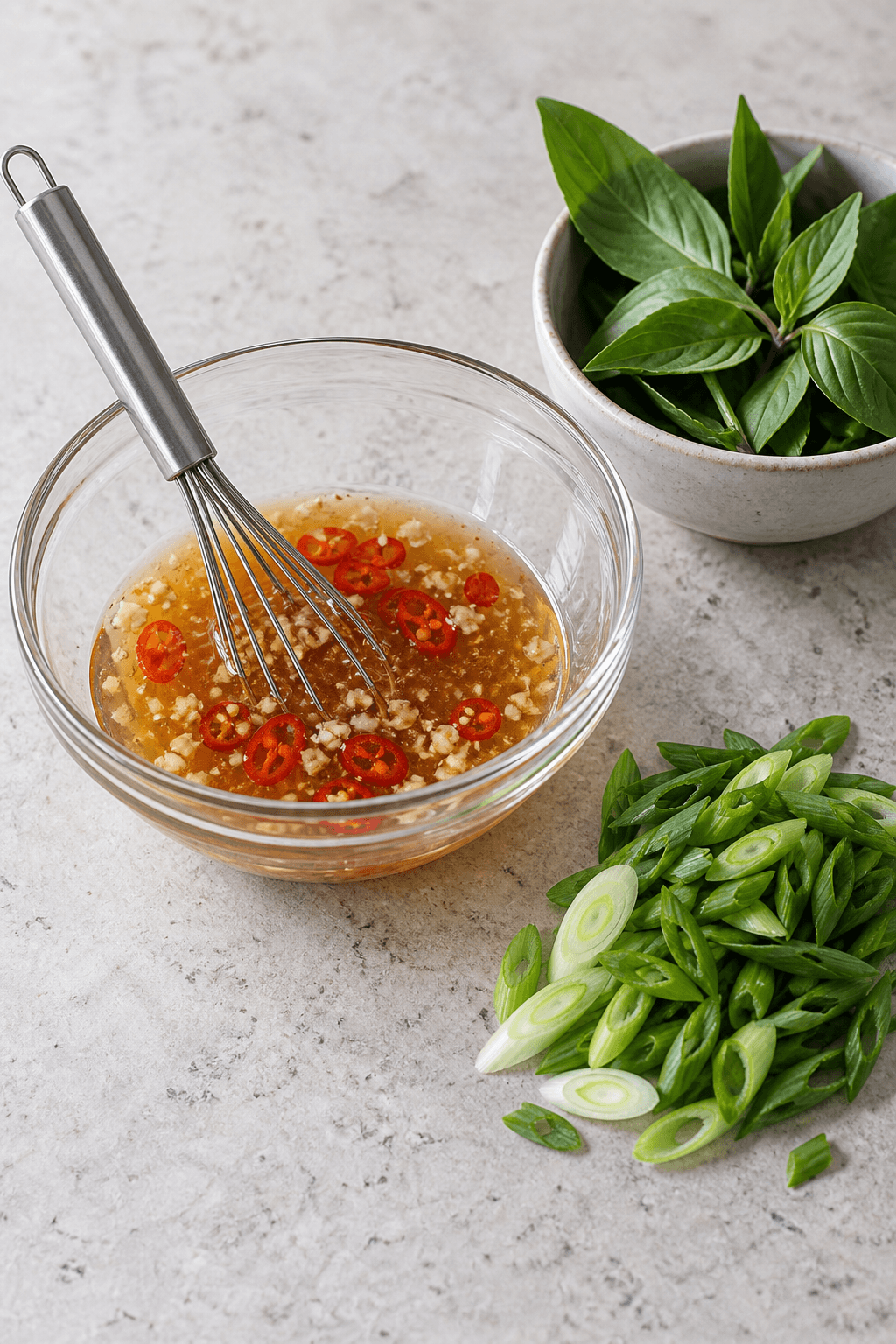 Ravfarvet lime-fiskesauceglaze med chili og hvidløg ved thaibasilikum og forårsløg