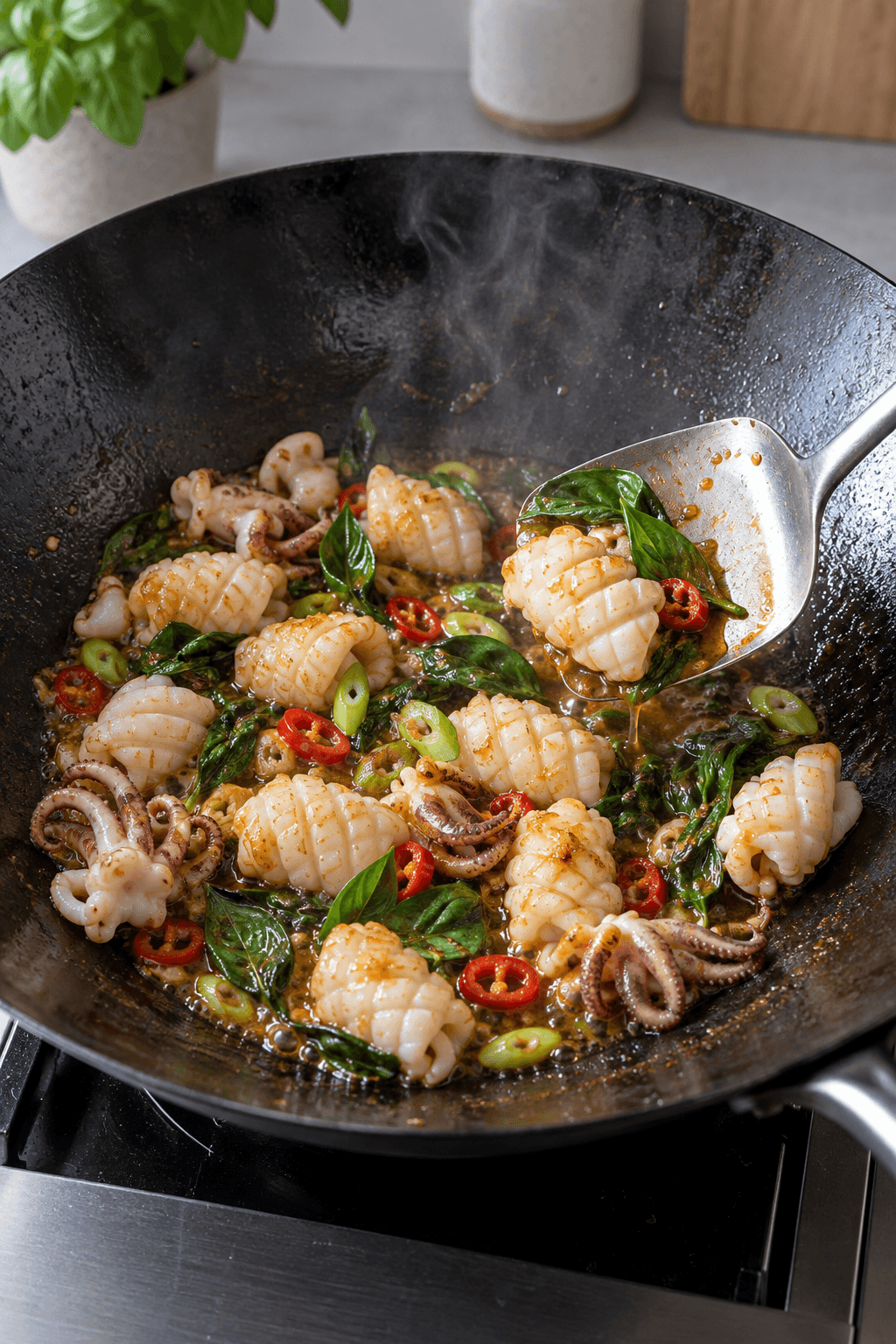 Krøllet lynstegt blæksprutte med chili, forårsløg og thaibasilikum i en varm wok