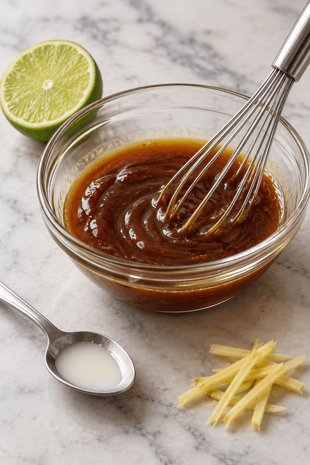 Mør østers-limesauce piskes sammen ved siden af lime og ingefær