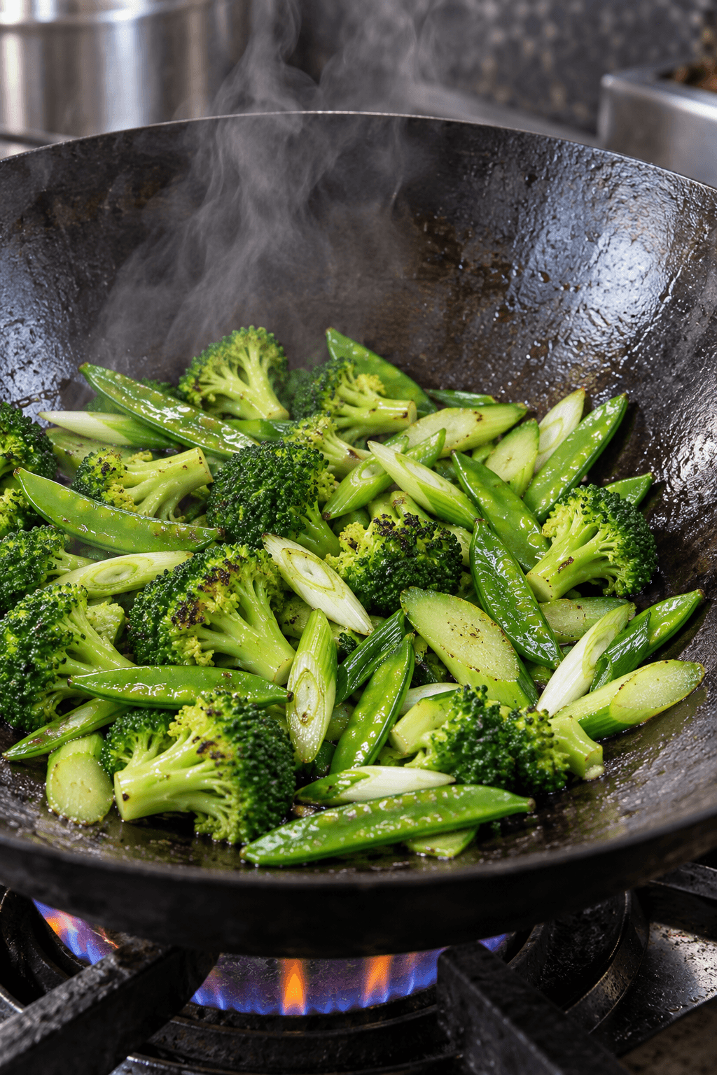 Broccoli, sukkerærter og forårsløg lynsteges sprøde i en varm wok