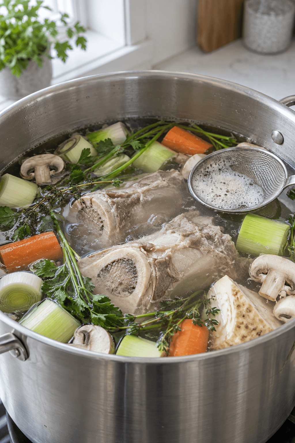 Lys oksefond simrer stille med porre, gulerod, selleri, champignon og urter