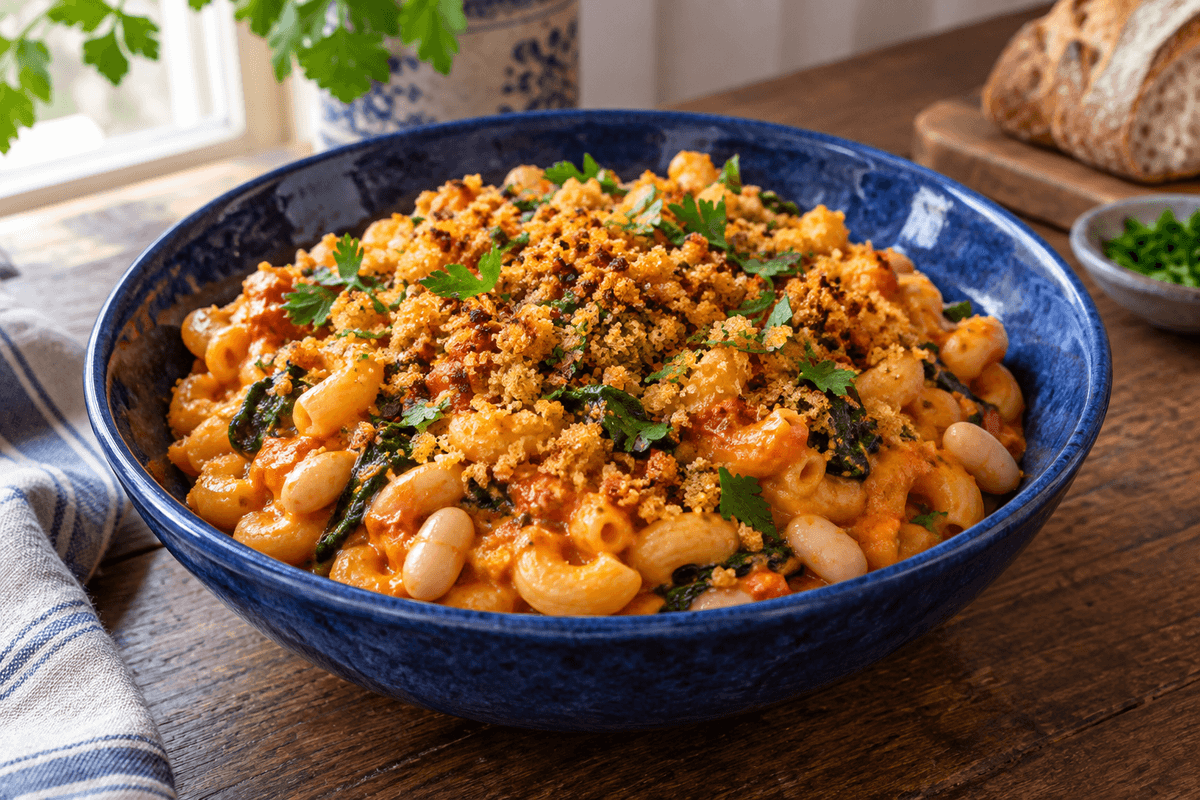 Macaroni med bagt peberfrugt-cheddarsauce, hvide bønner, spinat og majs-chiliknas