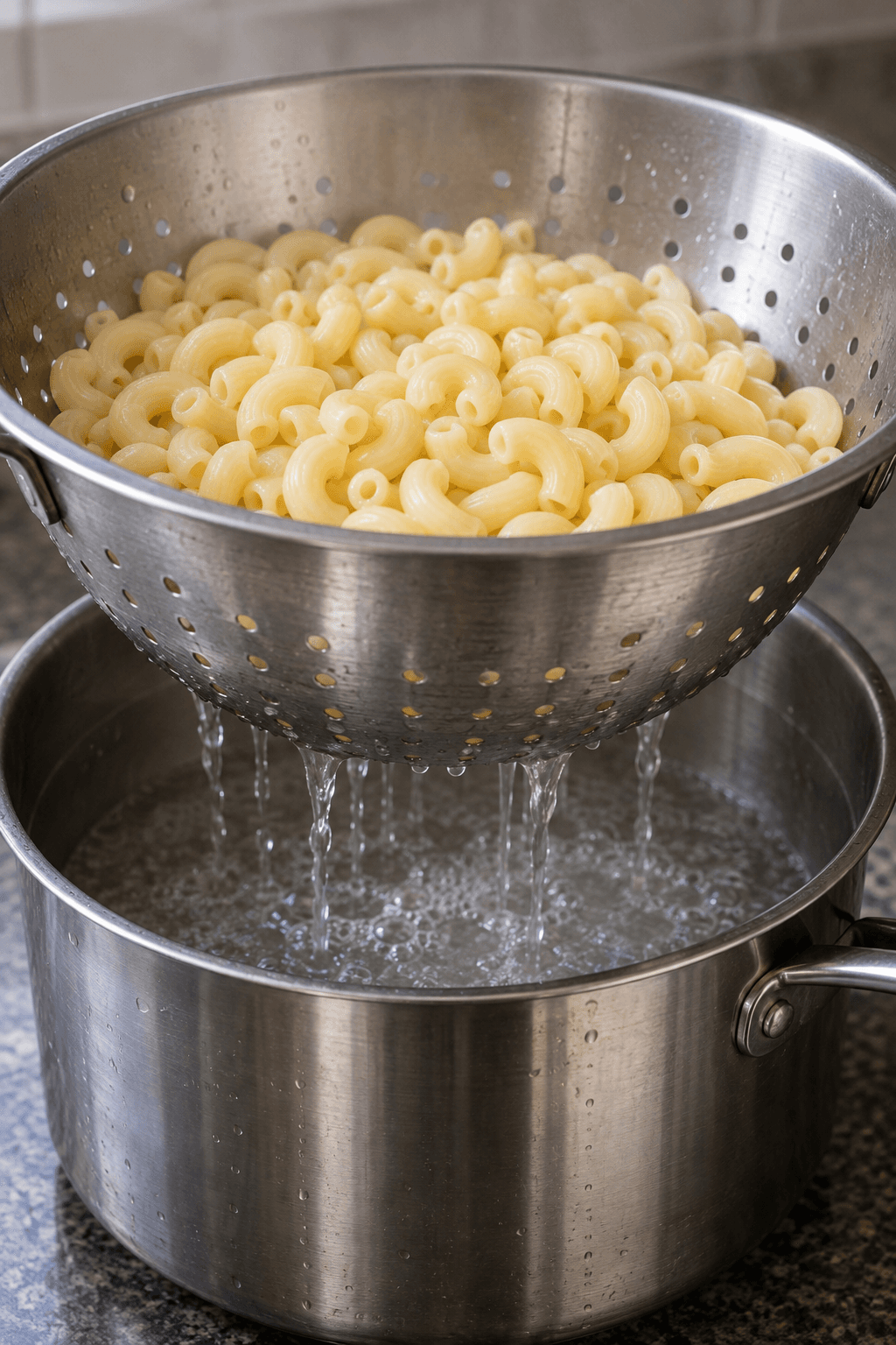 Kogt macaroni drypper af i én sigte over en gryde